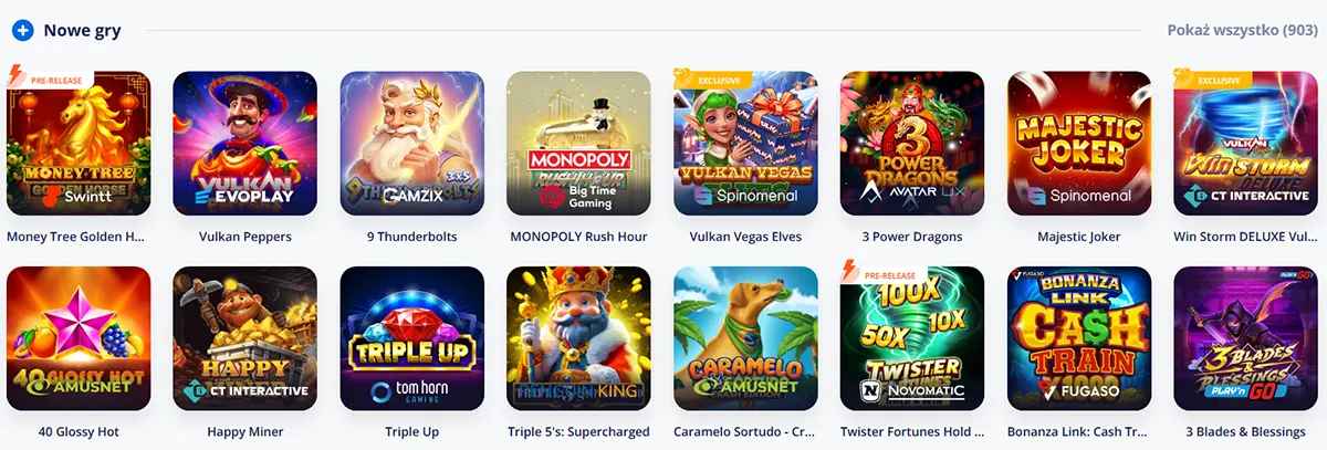 Screenshot of an online casino “New games” section showing a grid of newly added slot game thumbnails (e.g., Thunderbolts, Monopoly Rush Hour, Majestic Joker) with a “Show all (903)” button.